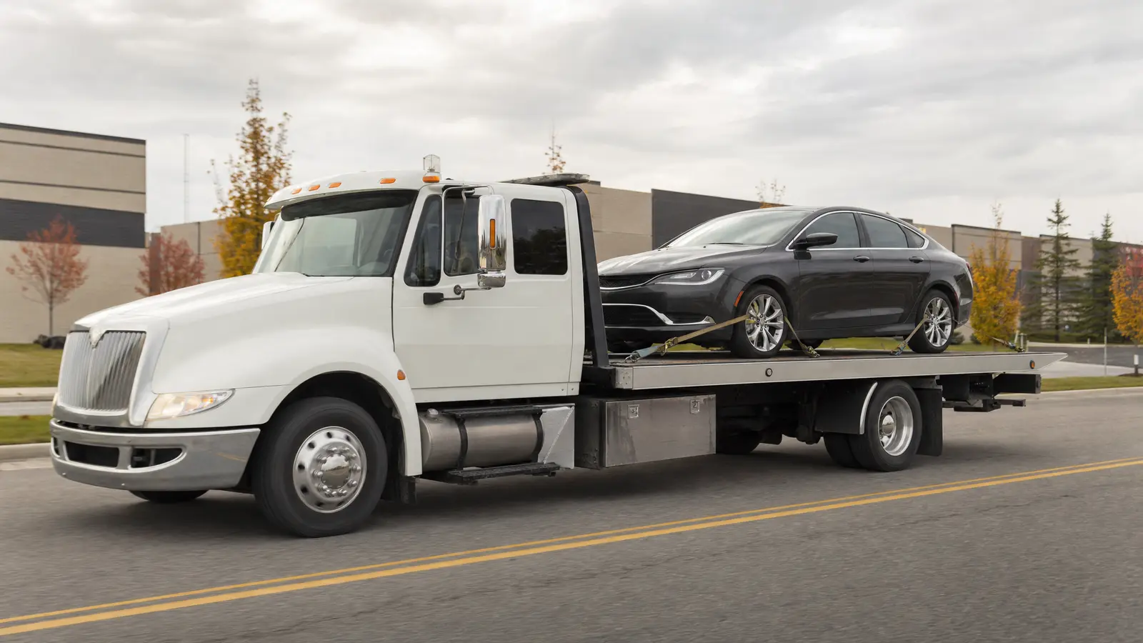 Car secured on a flatbed tow truck travelling on an industrial road
